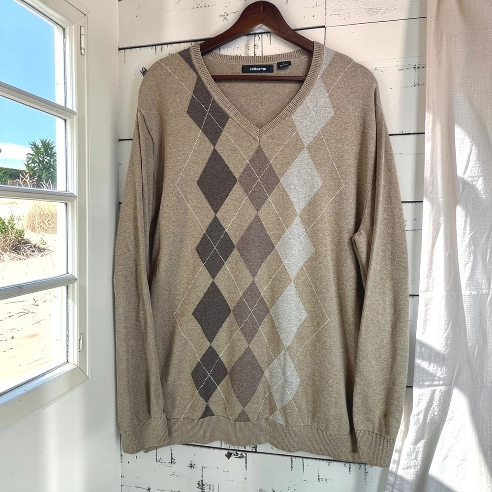 Argyle V-Neck Sweater Claiborne L Brown 100% Cotton Knit Lightweight Preppy